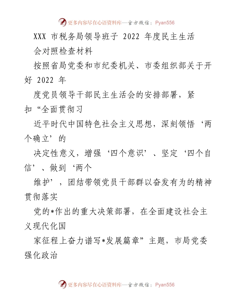 [发言] 会议 - 2022年度市税务局领导班子民主生活会对照检查总结.docx_第1页