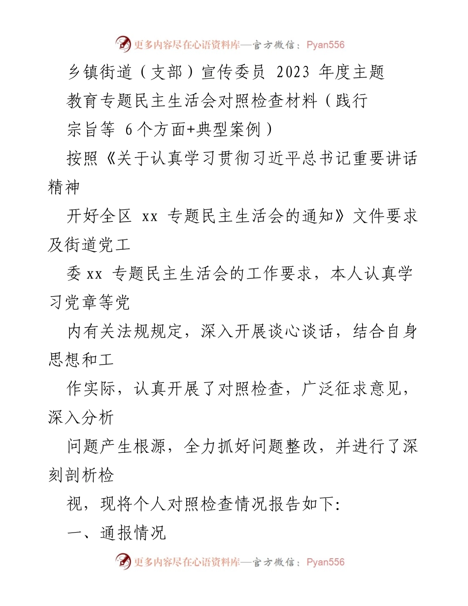 [发言] 乡镇街道（支部）民主生活会 - 2023年度主题教育专题民主生活会对照检查报告.docx_第1页