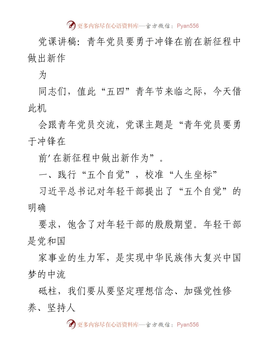 [发言] 五四青年节 - 青年党员勇担使命，迎接新征程.docx_第1页