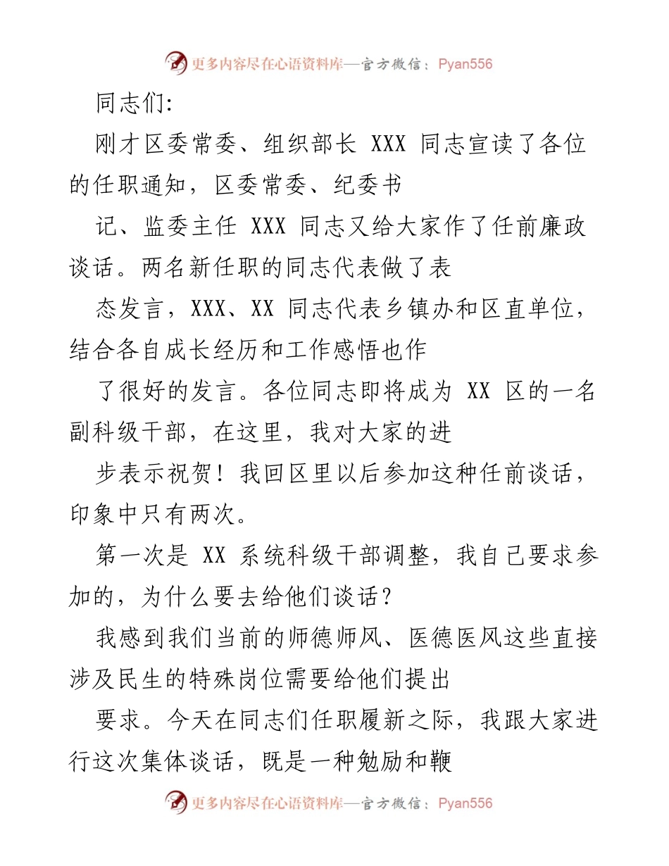 [发言] 任前廉政谈话 - 新任副科级干部的任前集体谈话与期望.docx_第1页