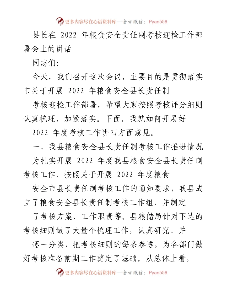 [发言] 会议 - 2022年粮食安全责任制考核迎检工作部署的重要性与要求.docx_第1页