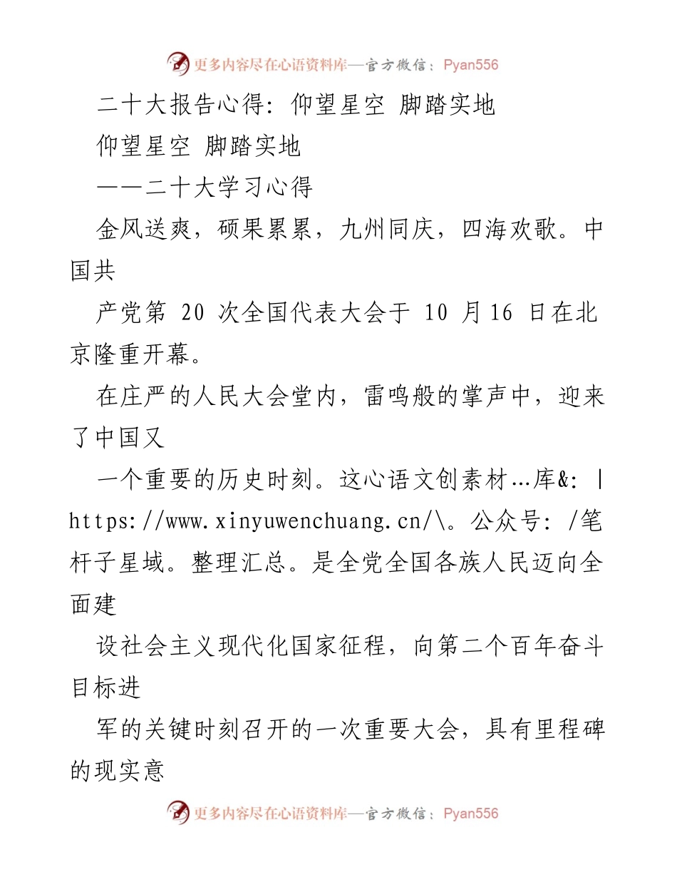 [发言] 二十大报告学习心得 - 青年责任与理想：仰望星空，脚踏实地.docx_第1页