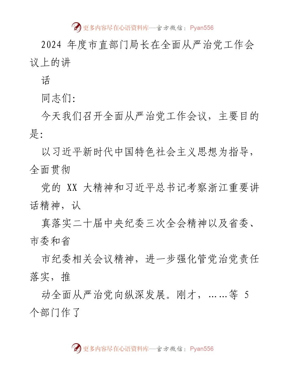 [发言] 会议 - 2024年度全面从严治党工作会议讲话_1.docx_第1页