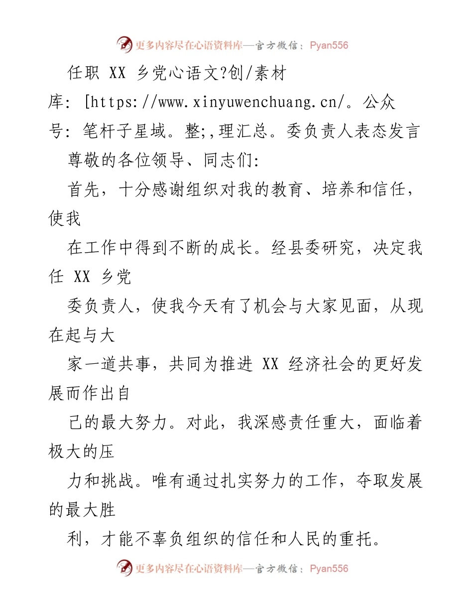 [发言] 任职仪式 - XX 乡党委负责人任职表态发言.docx_第1页