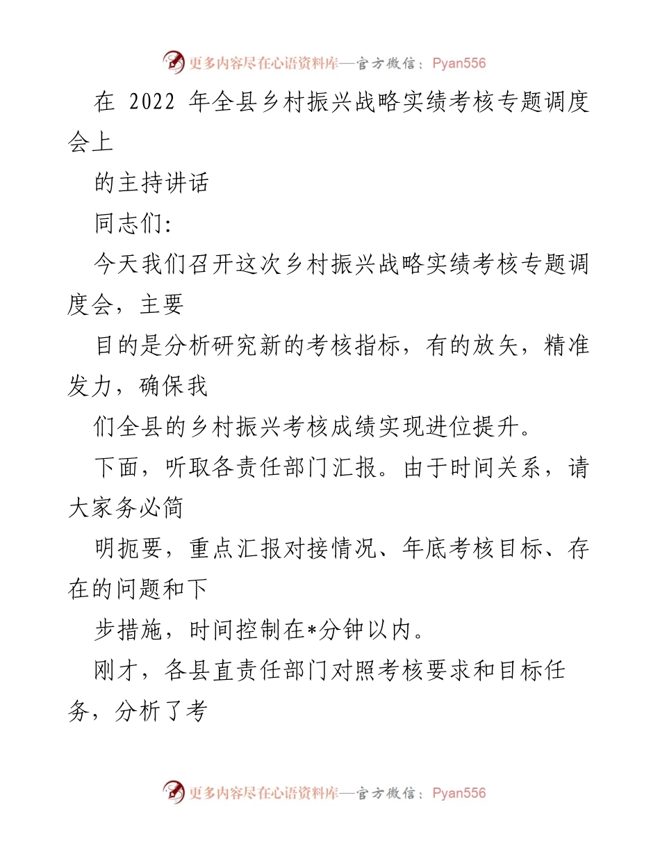 [发言] 乡村振兴战略实绩考核专题调度会 - 强化乡村振兴考核意识，确保实绩提升.docx_第1页