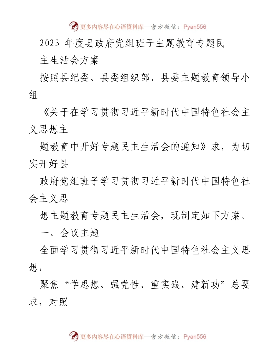[发言] 会议 - 2023年度县政府党组班子专题民主生活会方案.docx_第1页