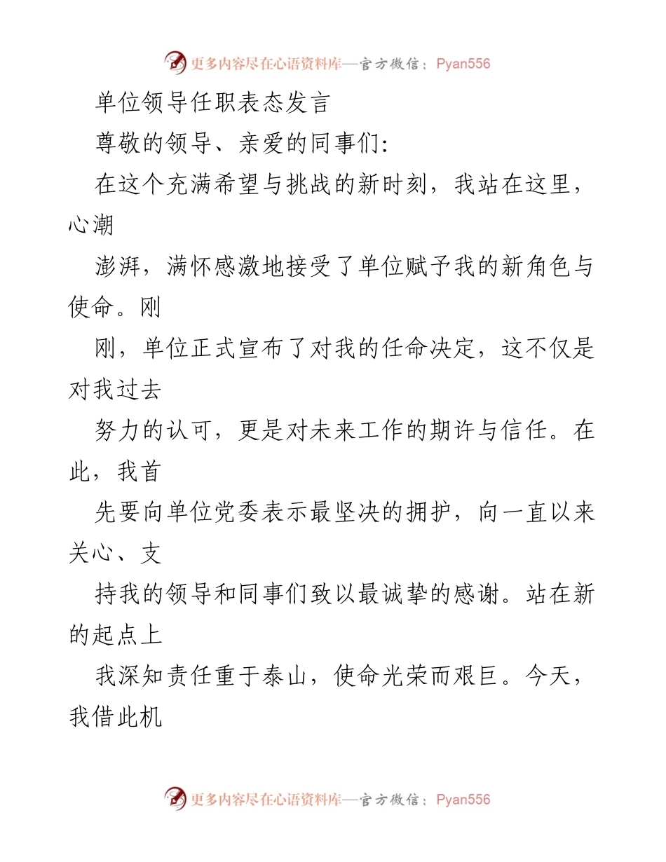 [发言] 任职表态 - 新任领导的承诺与展望.docx_第1页