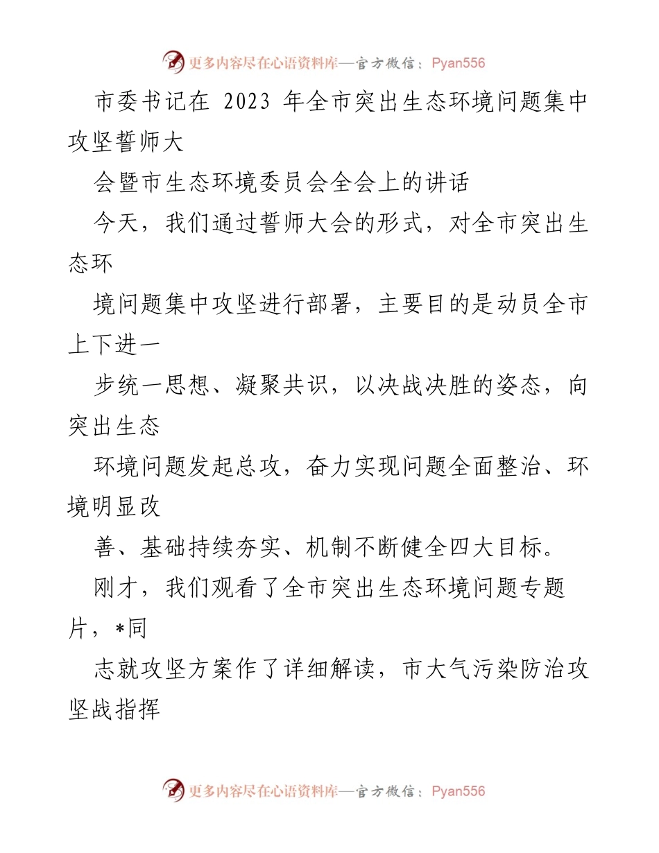 [发言] 会议 - 全市生态环境问题集中攻坚誓师大会讲话.docx_第1页