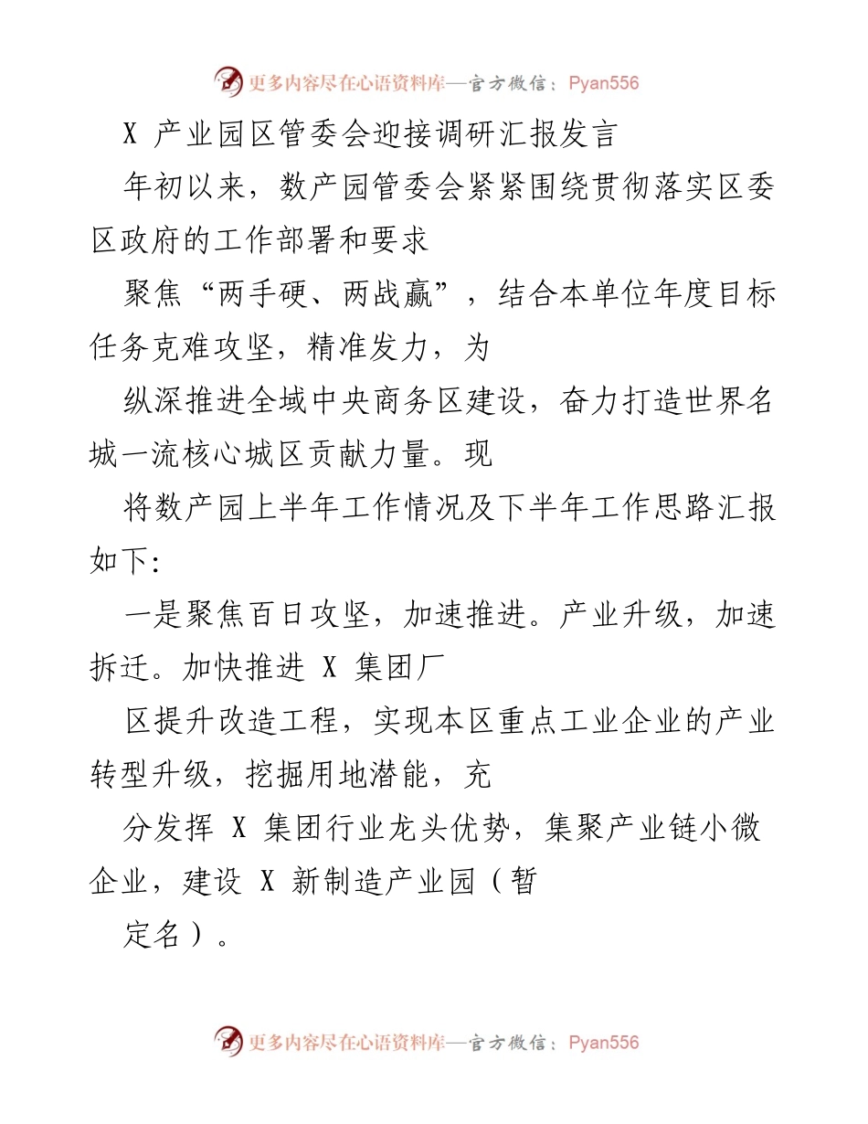 [发言] 产业园区调研 - 数产园区上半年工作汇报及下半年工作思路.docx_第1页