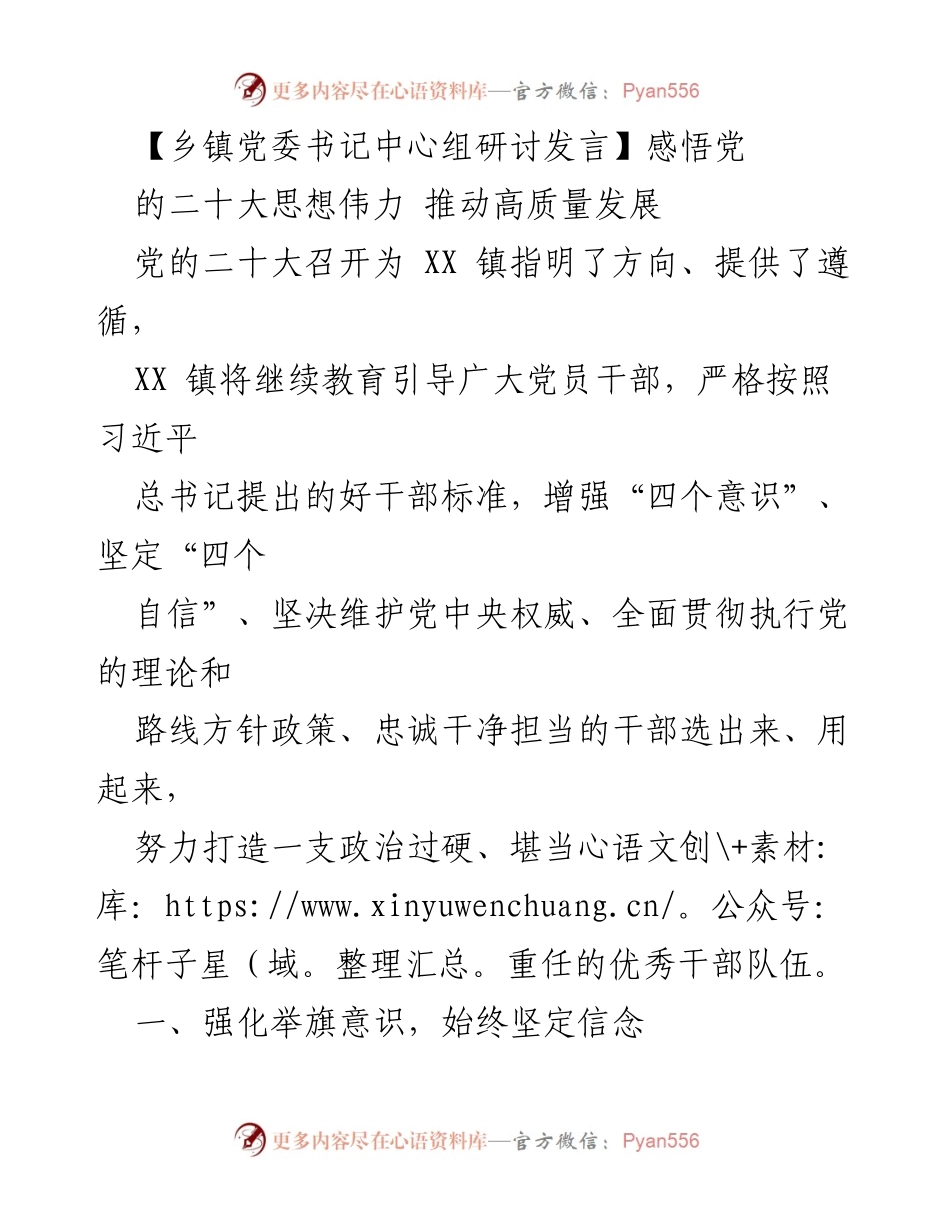 [发言] 乡镇党委中心组研讨 - 深入学习党的二十大精神，推动高质量发展.docx_第1页