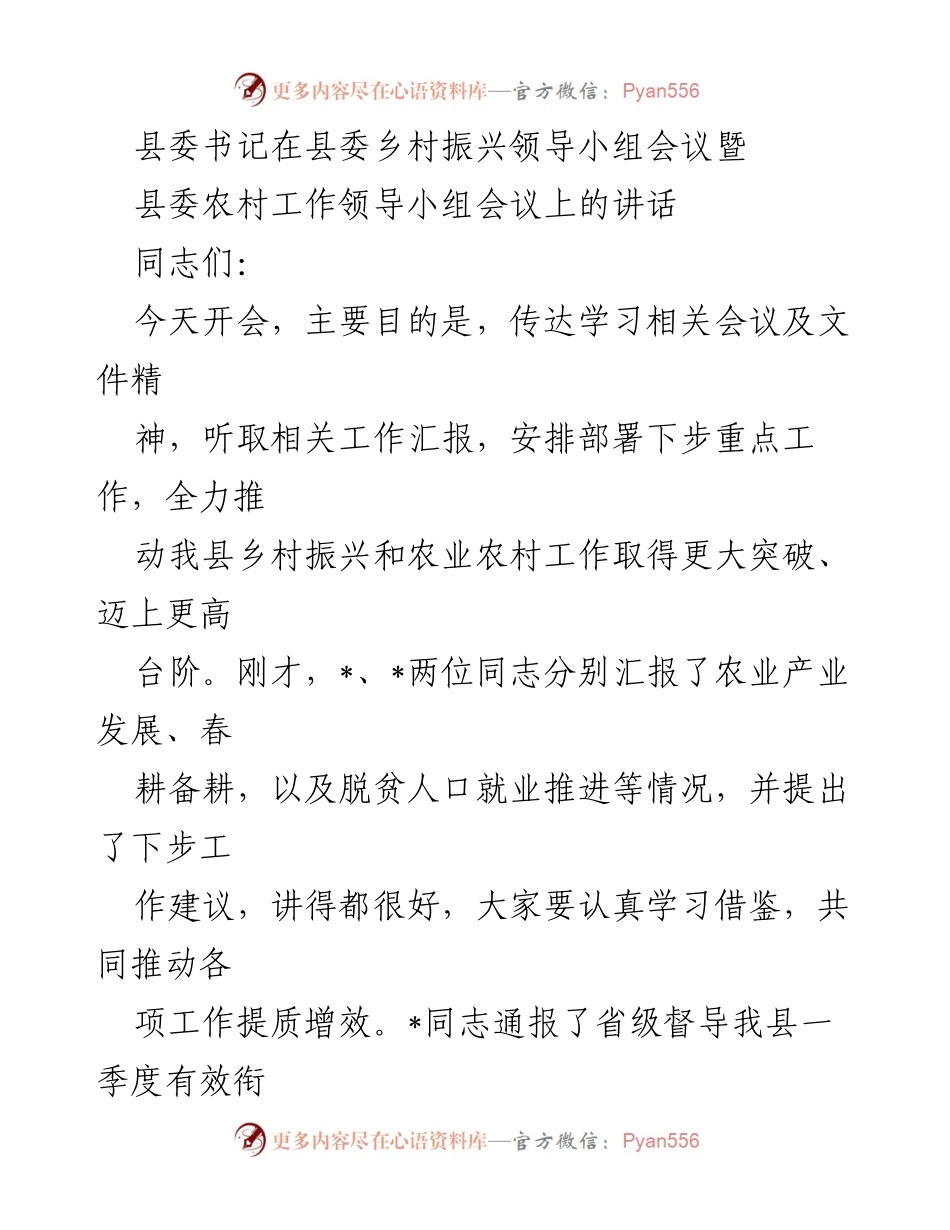 [发言] 乡村振兴领导小组会议 - 推动乡村振兴与农业发展新突破.docx_第1页