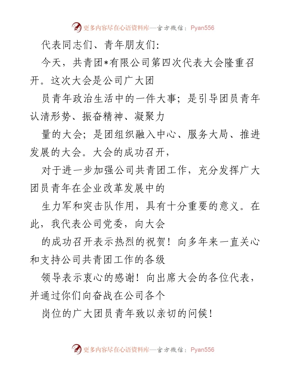 [发言] 代表大会 - 共青团工作的重要性与青年使命感的激励.docx_第1页