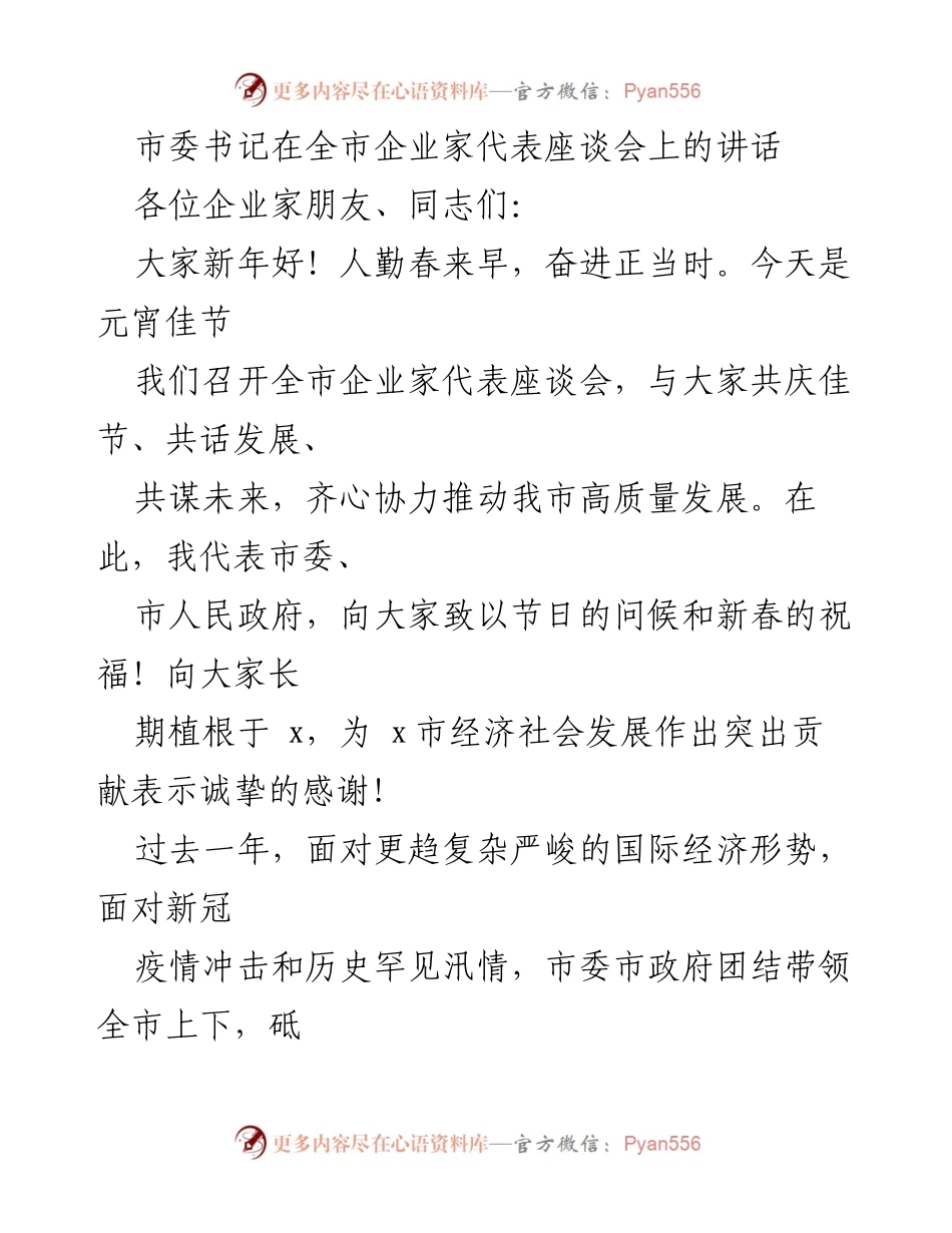 [发言] 企业家座谈会 - 市委书记在全市企业家代表座谈会上的新春致辞与发展展望.docx_第1页