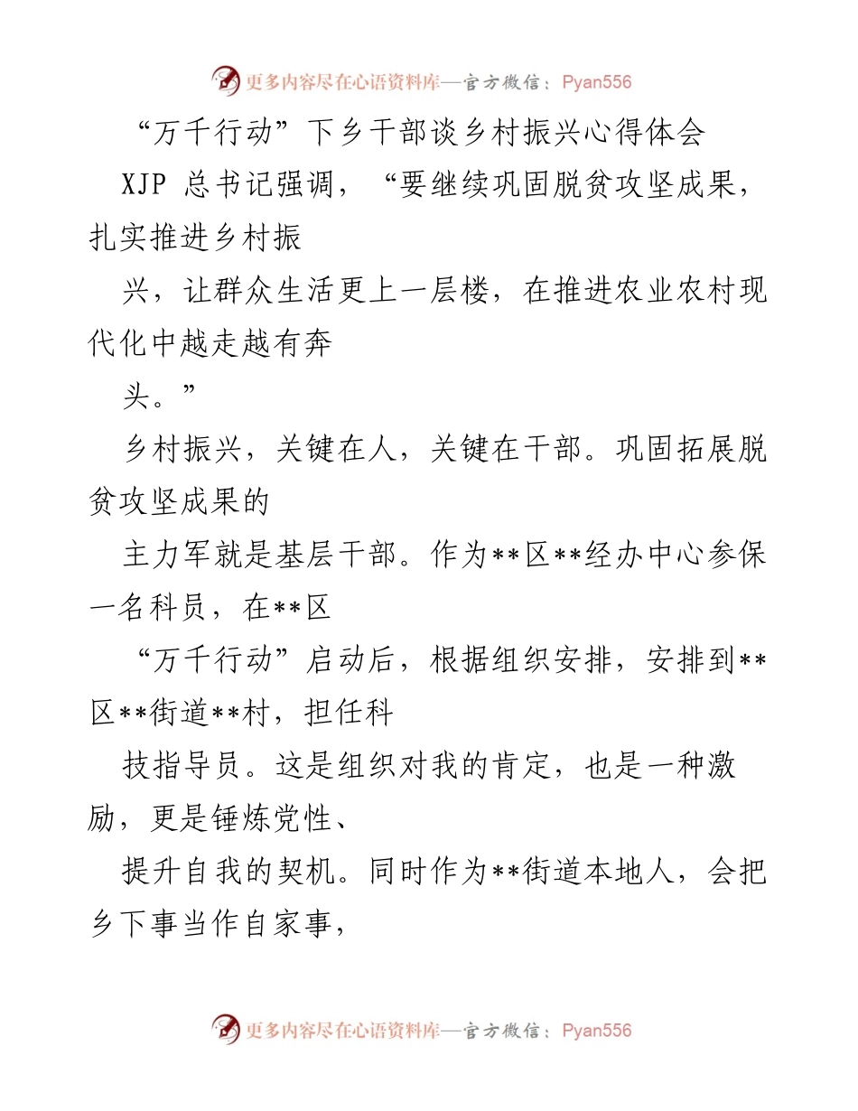 [发言] 乡村振兴研讨会 - “万千行动”下乡干部的乡村振兴实践与思考.docx_第1页