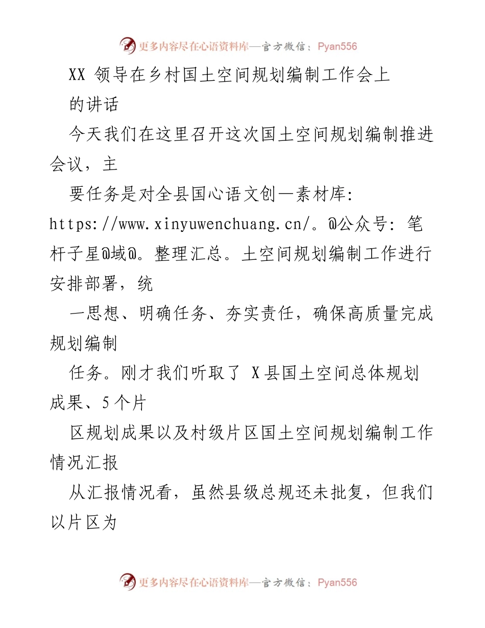 [发言] 乡村国土空间规划编制工作会 - XX领导强调国土空间规划编制的重要性与责任.docx_第1页
