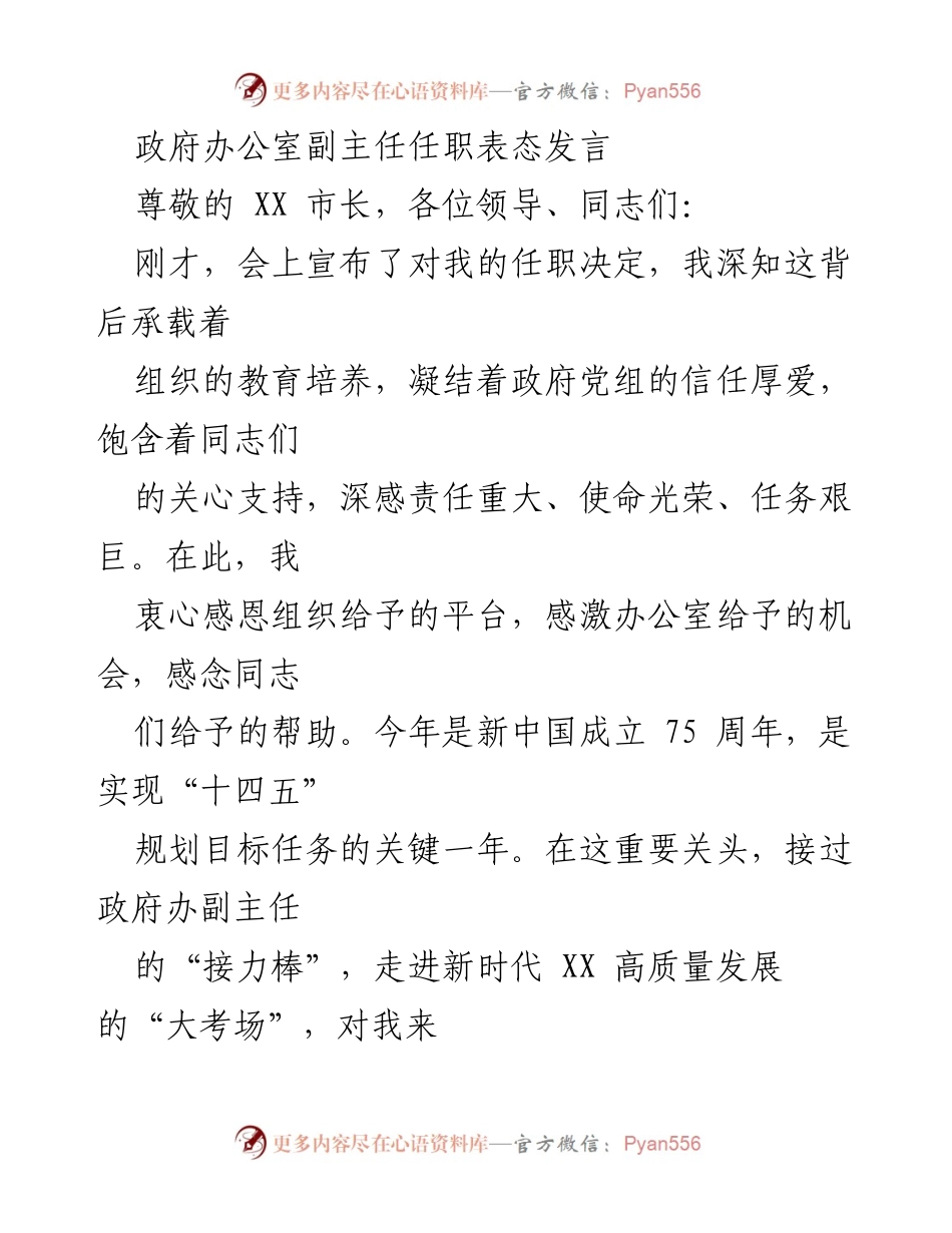 [发言] 任职表态 - 坚定忠诚，勇毅前行：新任政府办公室副主任的使命宣言.docx_第1页
