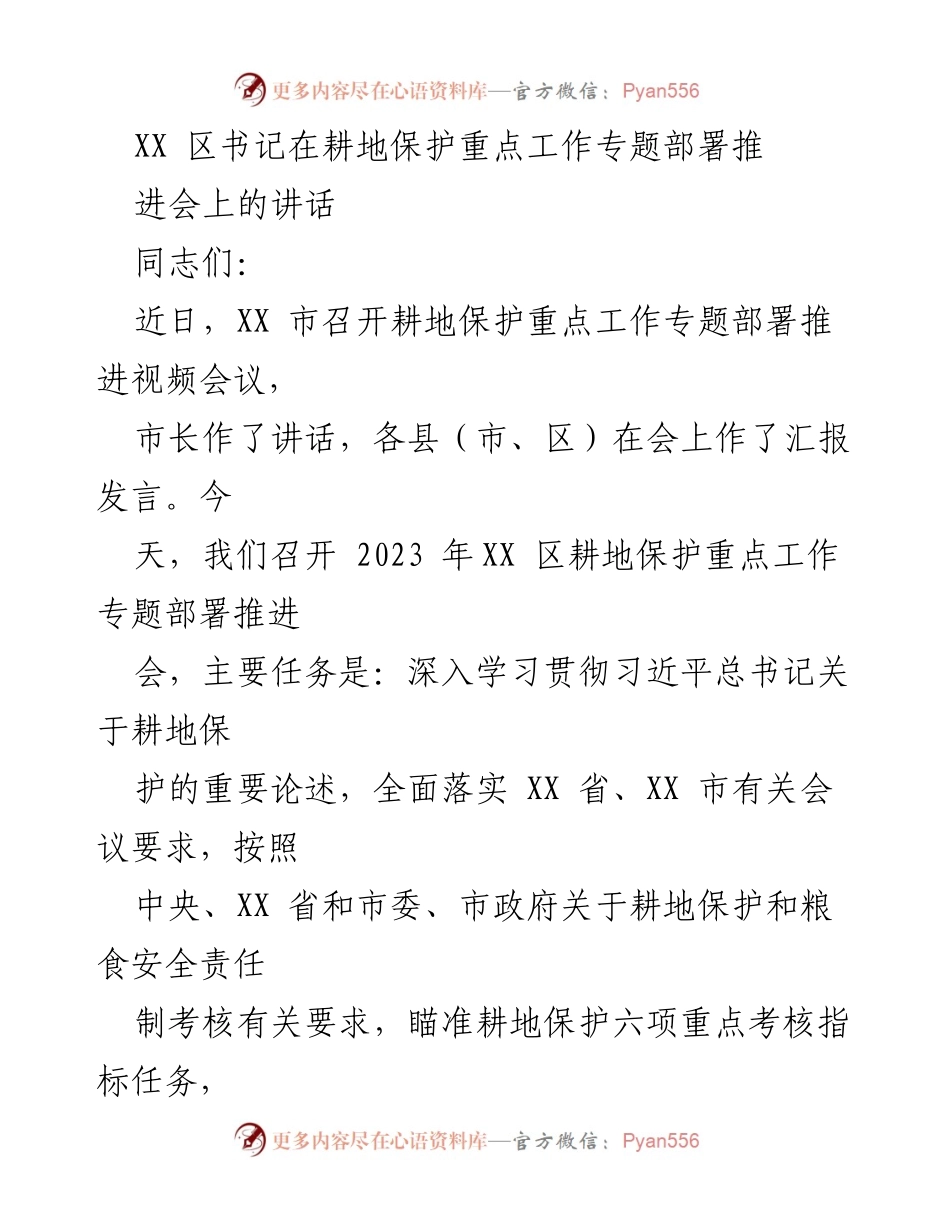 [发言] 会议 - XX 区书记在耕地保护工作专题会议上的讲话.docx_第1页