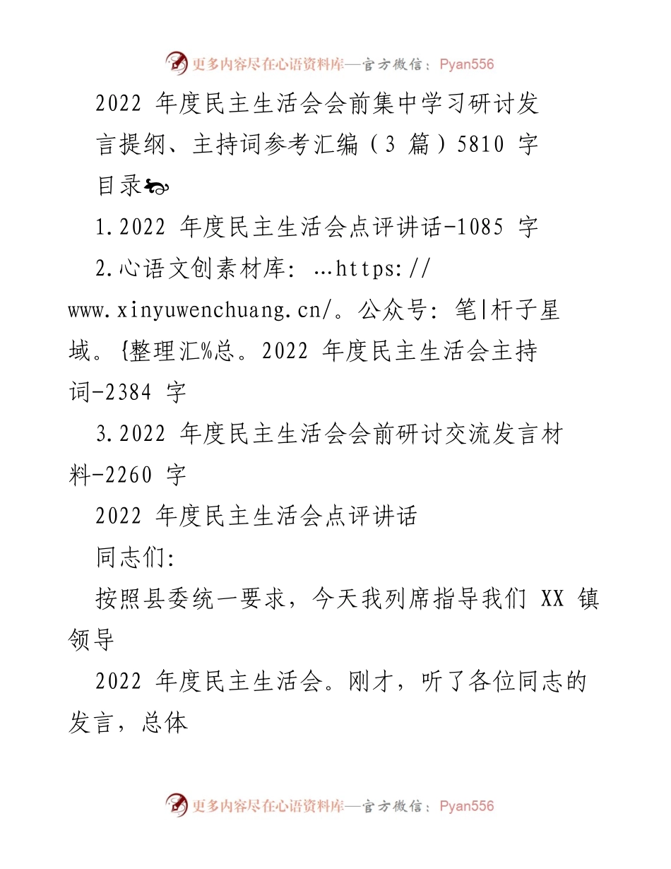 [发言] 会议 - 2022年度民主生活会点评与整改建议.docx_第1页