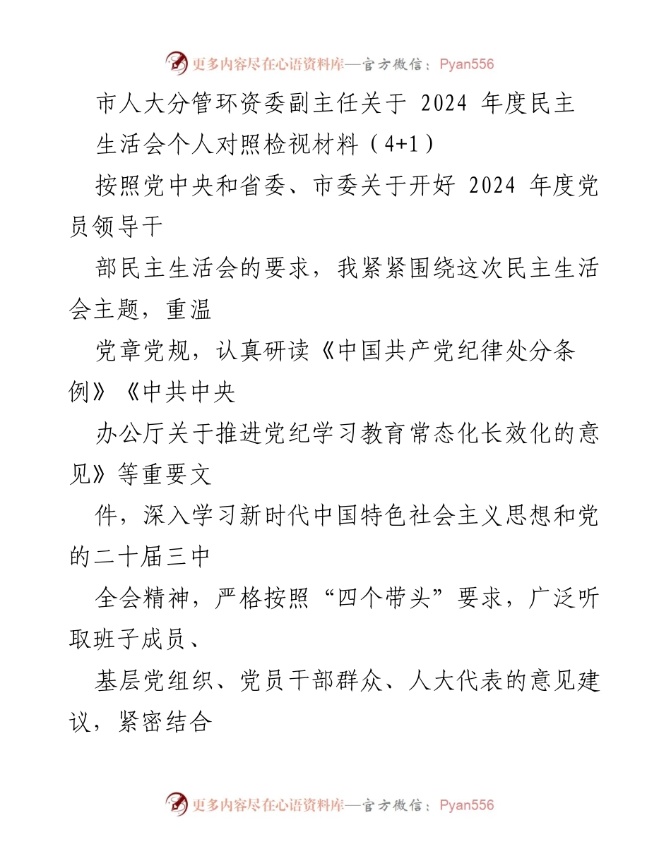 [发言] 人大民主生活会 - 2024年度民主生活会个人对照检视材料分析.docx_第1页