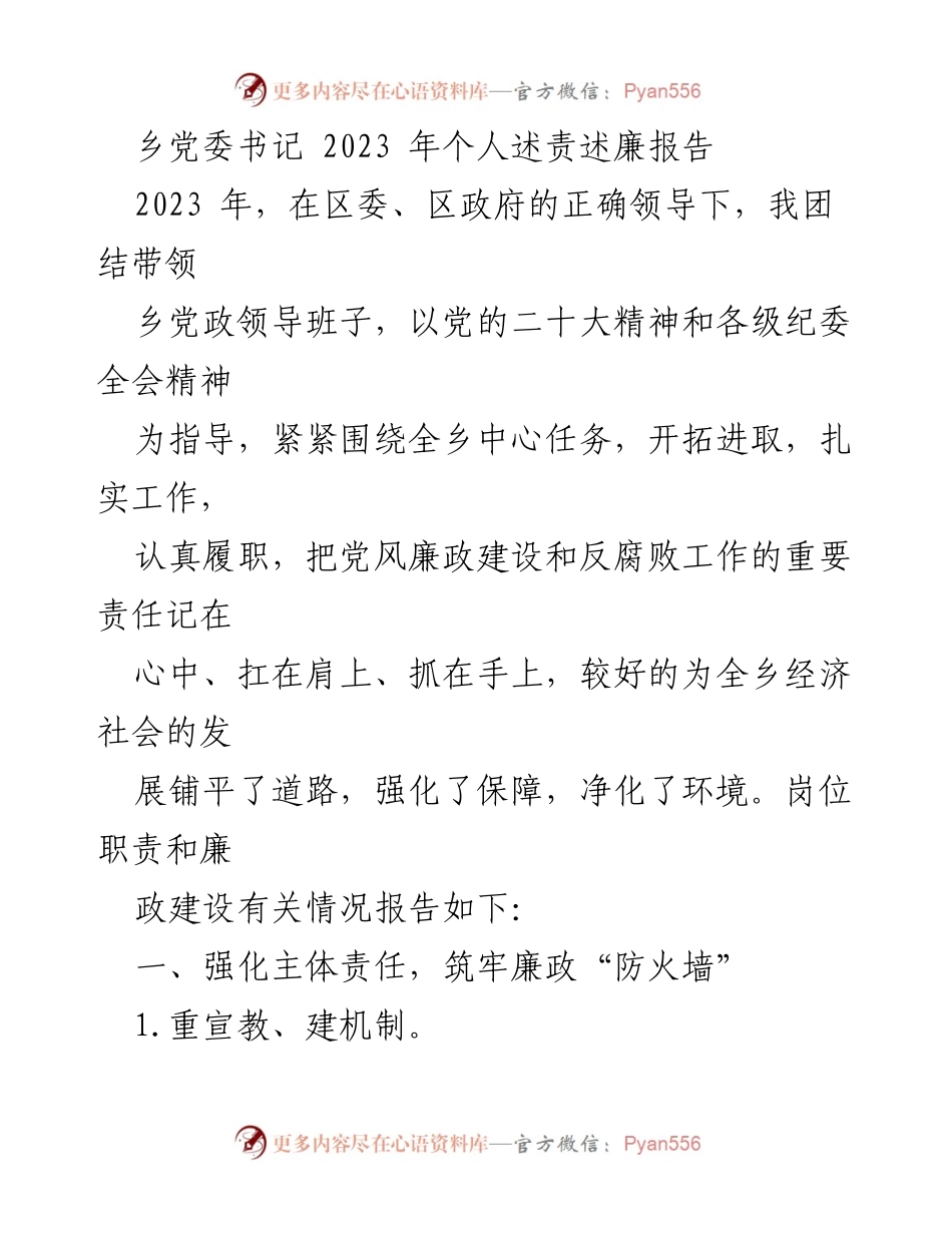 [发言] 乡党委工作会议 - 2023年乡党委书记个人述责述廉报告.docx_第1页