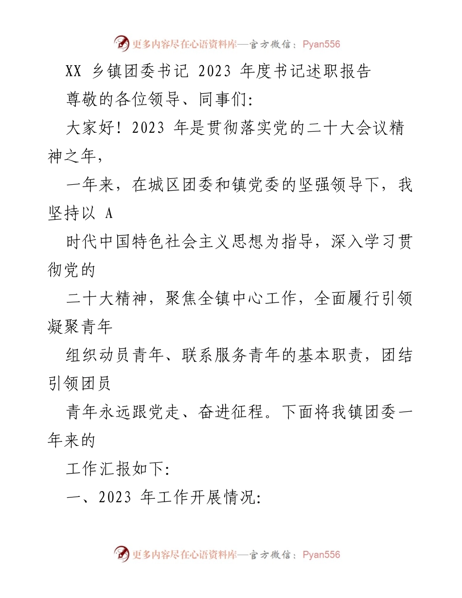 [发言] 书记述职 - 2023年度团委书记工作述职报告.docx_第1页