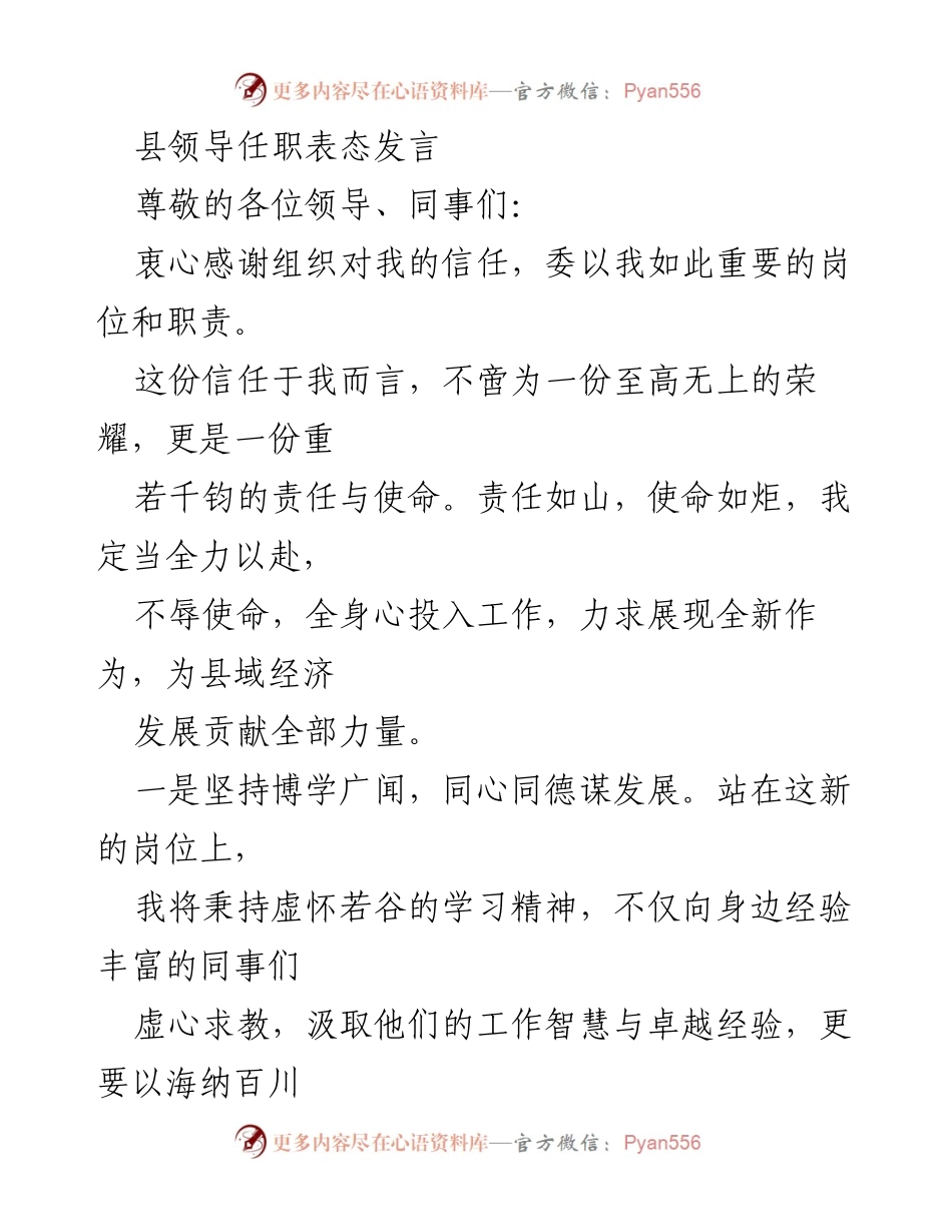 [发言] 任职仪式 - 新任县领导的表态发言与工作承诺.docx_第1页