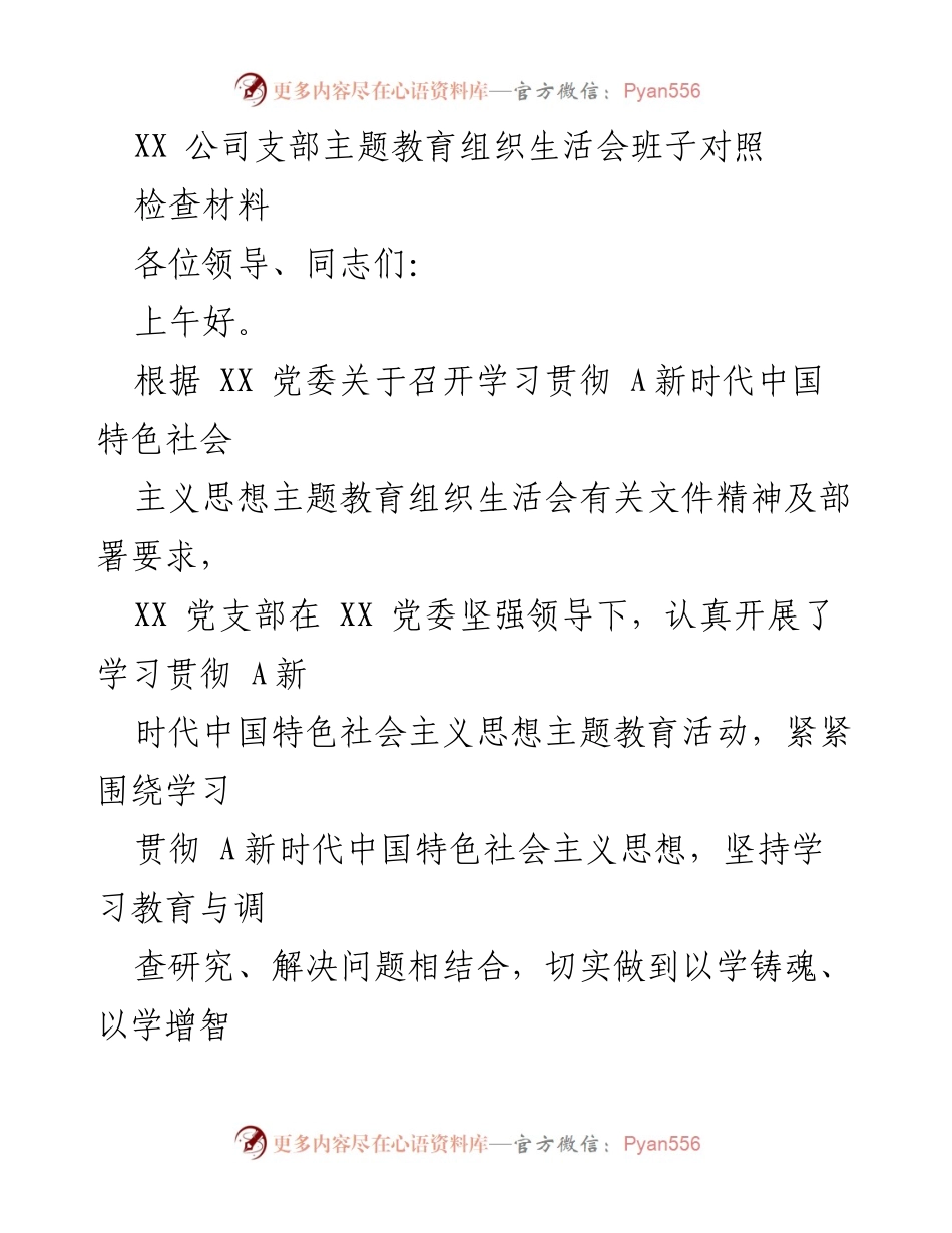 [发言] 主题教育组织生活会 - XX公司支部主题教育活动对照检查报告.docx_第1页
