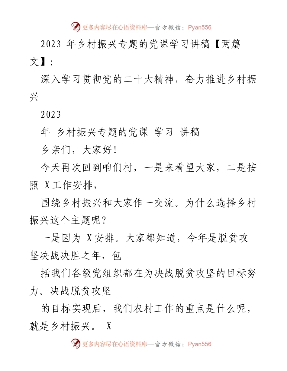 [发言] 乡村振兴专题党课 - 深入贯彻党的二十大精神，推动乡村振兴新发展.docx_第1页