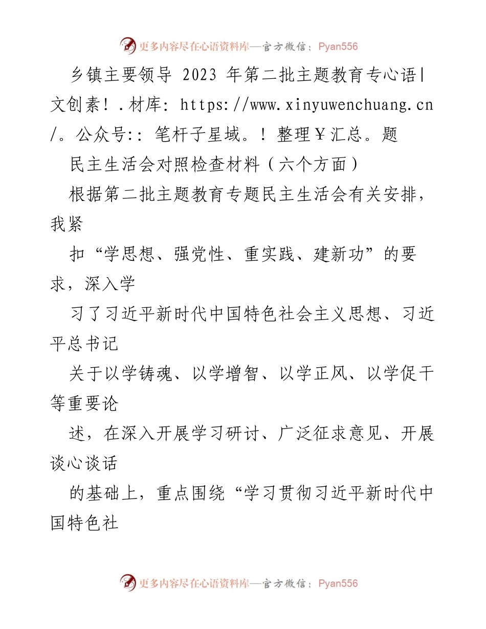 [发言] 乡镇主要领导民主生活会 - 2023年第二批主题教育专题民主生活会对照检查材料.docx_第1页
