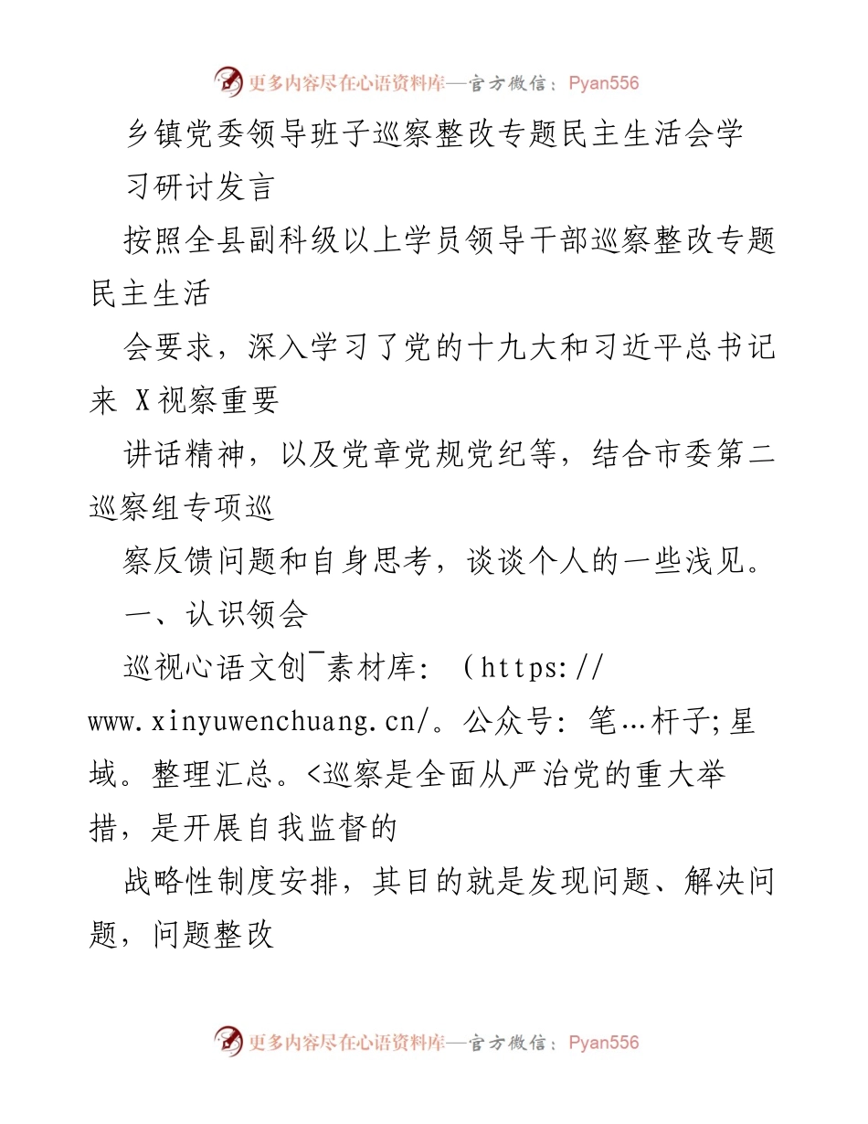 [发言] 乡镇党委领导班子巡察整改专题民主生活会 - 深入学习与整改落实的思考.docx_第1页