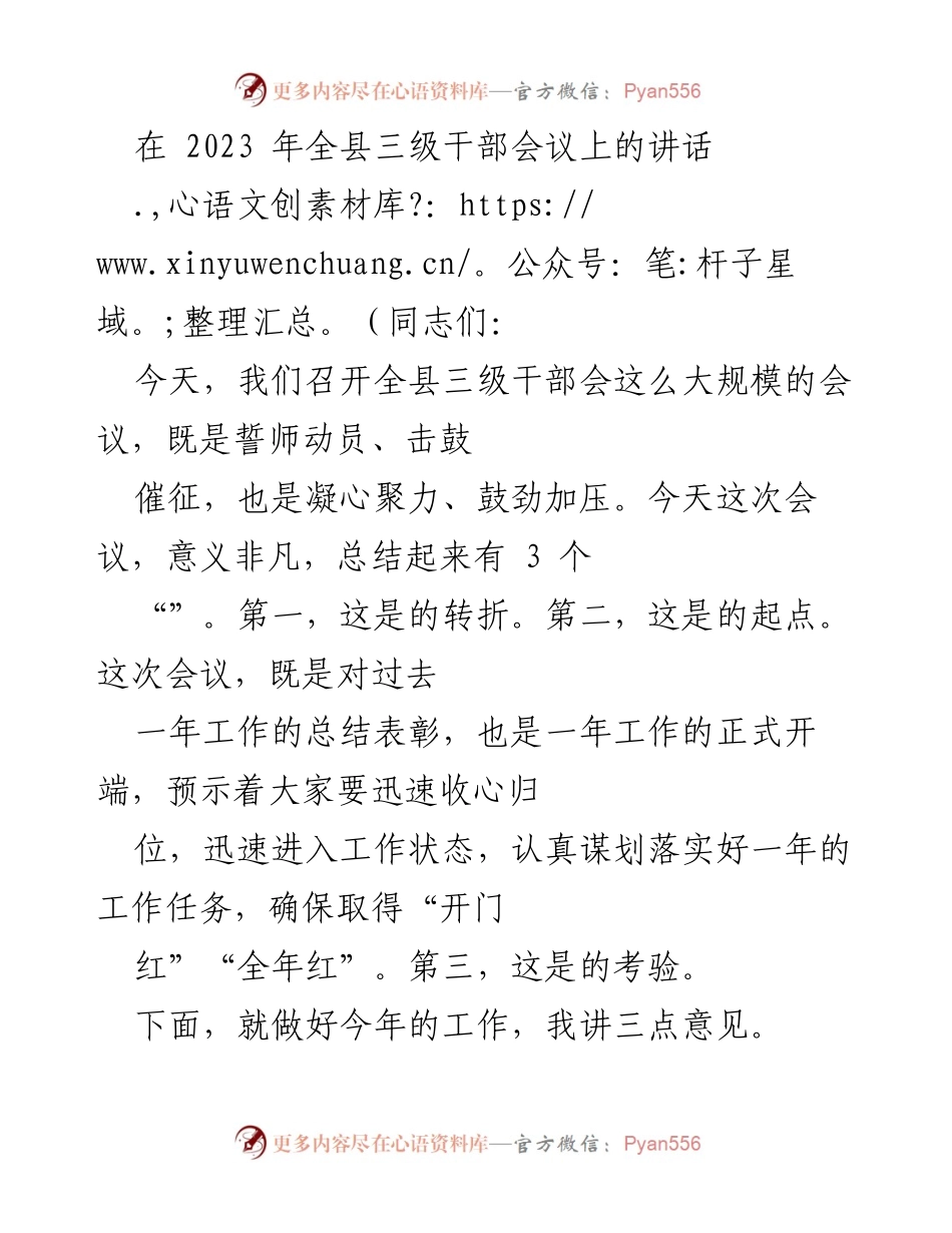 [发言] 会议 - 2023年全县三级干部会议讲话要点总结.docx_第1页