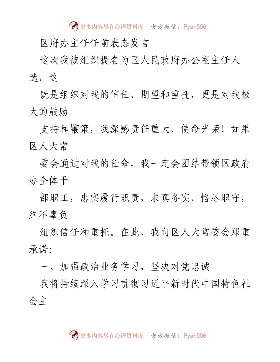 [发言] 任前表态 - 区府办主任任前表态发言：坚定信念、勇于担当、廉洁自律.docx_第1页