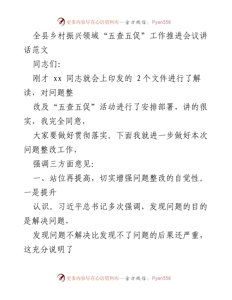 [发言] 乡村振兴工作推进会议 - 强化问题整改意识，推动乡村振兴工作落实.docx_第1页