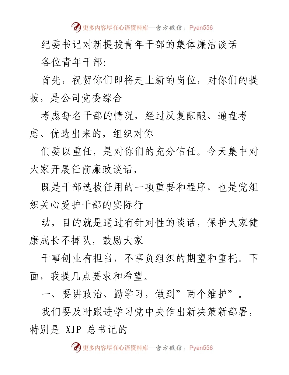 [发言] 任前廉政谈话 - 青年干部任前廉洁谈话要点.docx_第1页