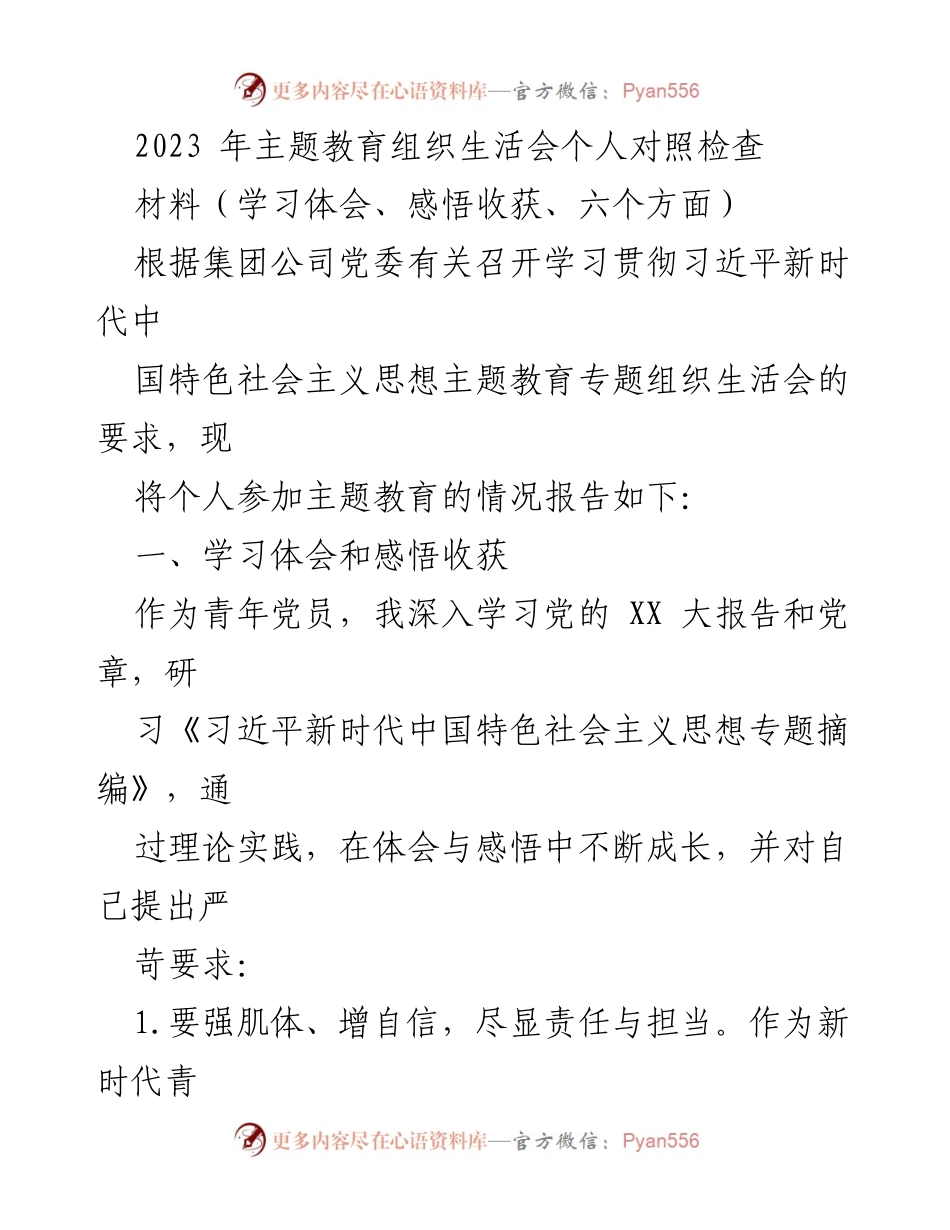 [发言] 主题教育组织生活会 - 青年党员的学习体会与自我反思.docx_第1页