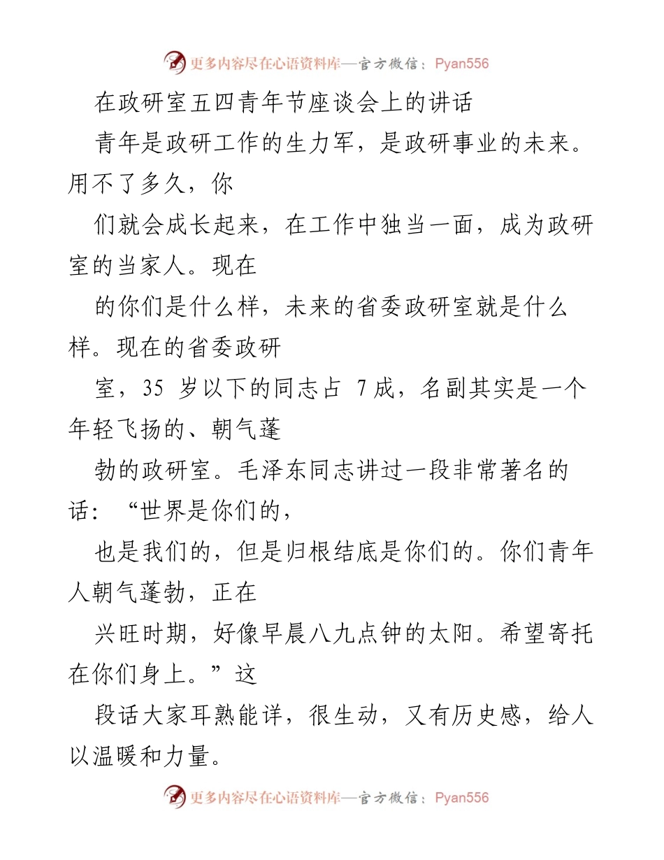 [发言] 五四青年节座谈会 - 青年在政研工作中的重要性与发展潜力.docx_第1页