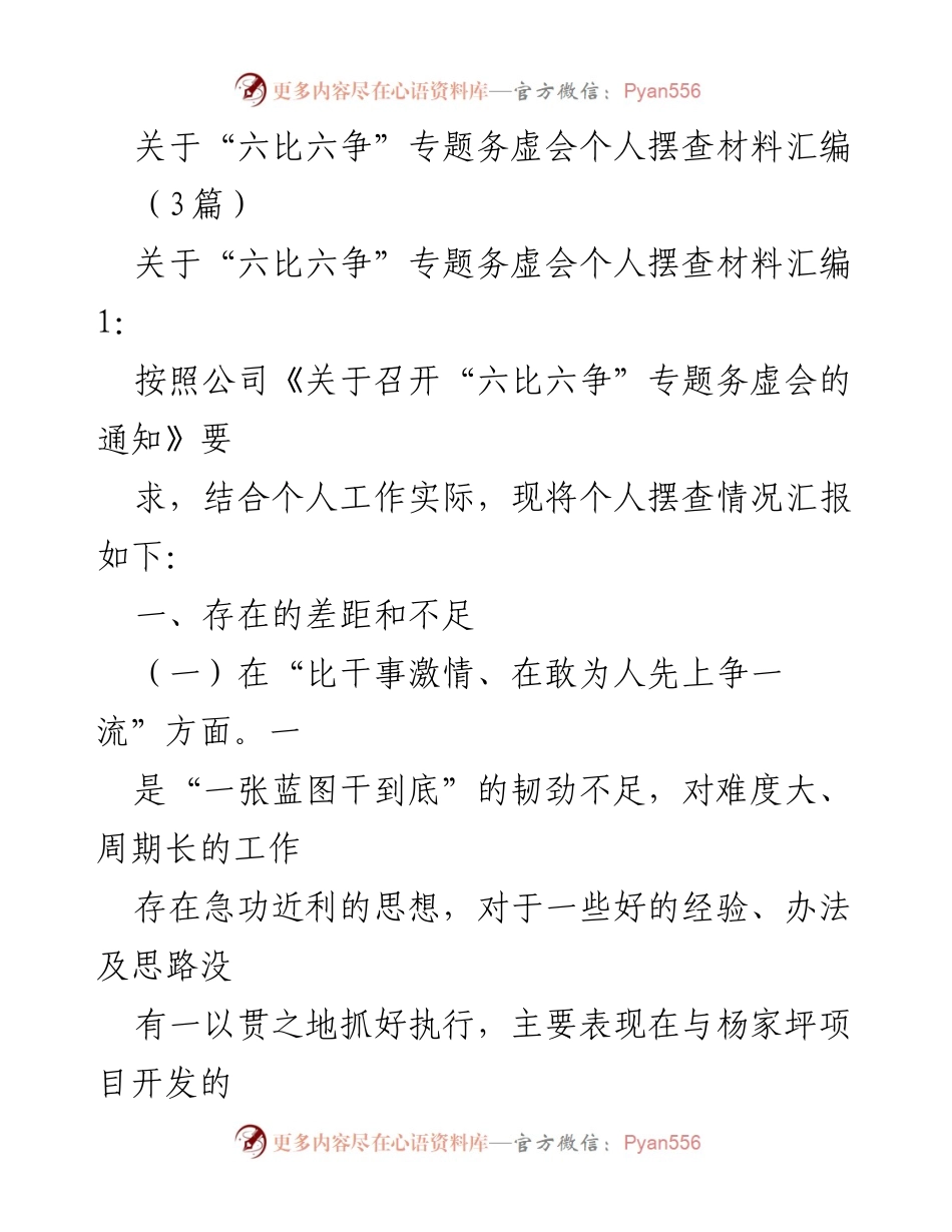 [发言] 会议 - “六比六争”专题务虚会个人摆查材料汇编分析与反思.docx_第1页