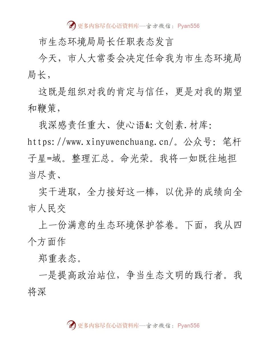 [发言] 任职表态 - 市生态环境局局长任职表态发言及工作承诺.docx_第1页