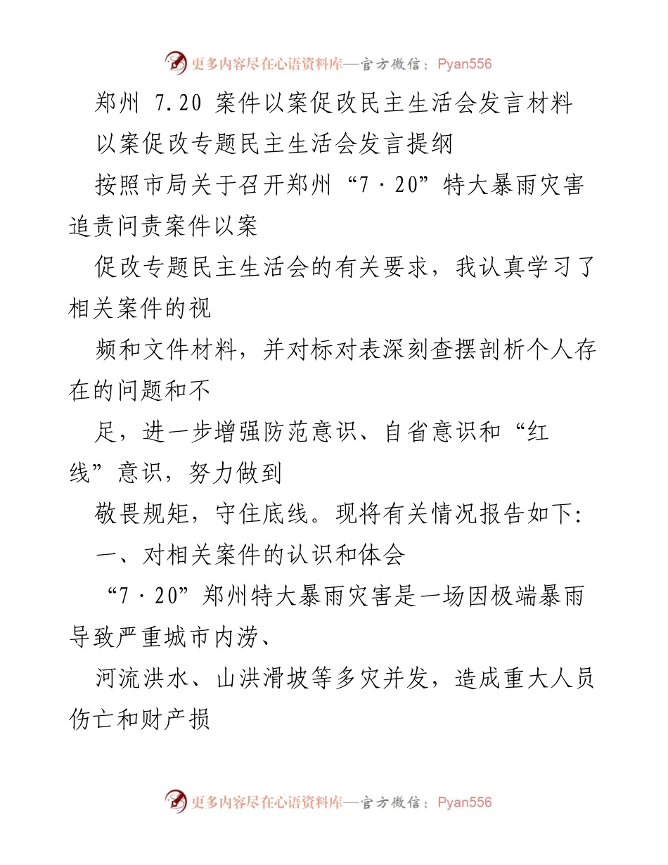 [发言] 以案促改专题民主生活会 - 深刻反思与自我警醒：郑州“7·20”特大暴雨灾害的教训与个人问题剖析.docx_第1页