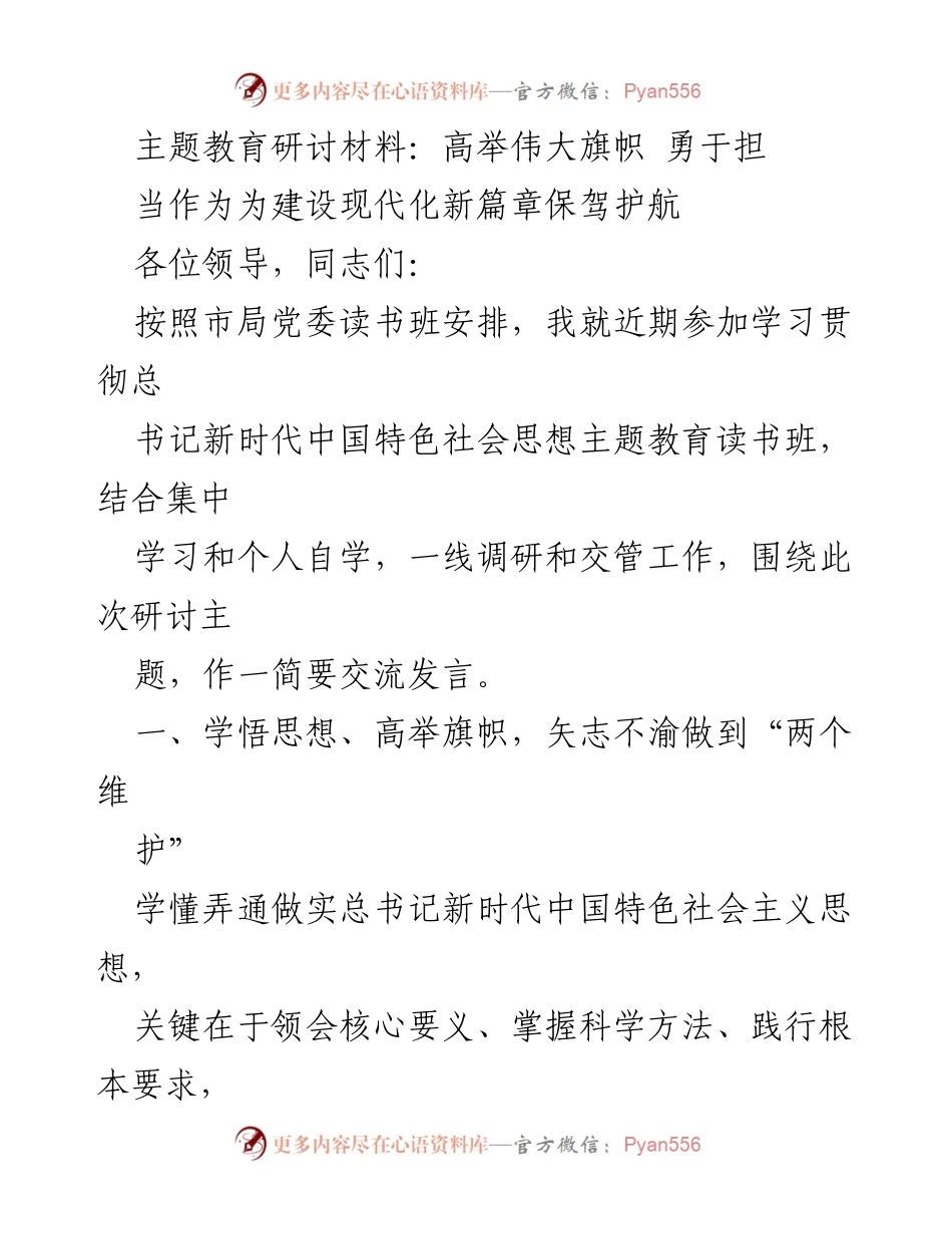 [发言] 主题教育研讨 - 高举伟大旗帜，勇于担当，为现代化建设保驾护航.docx_第1页