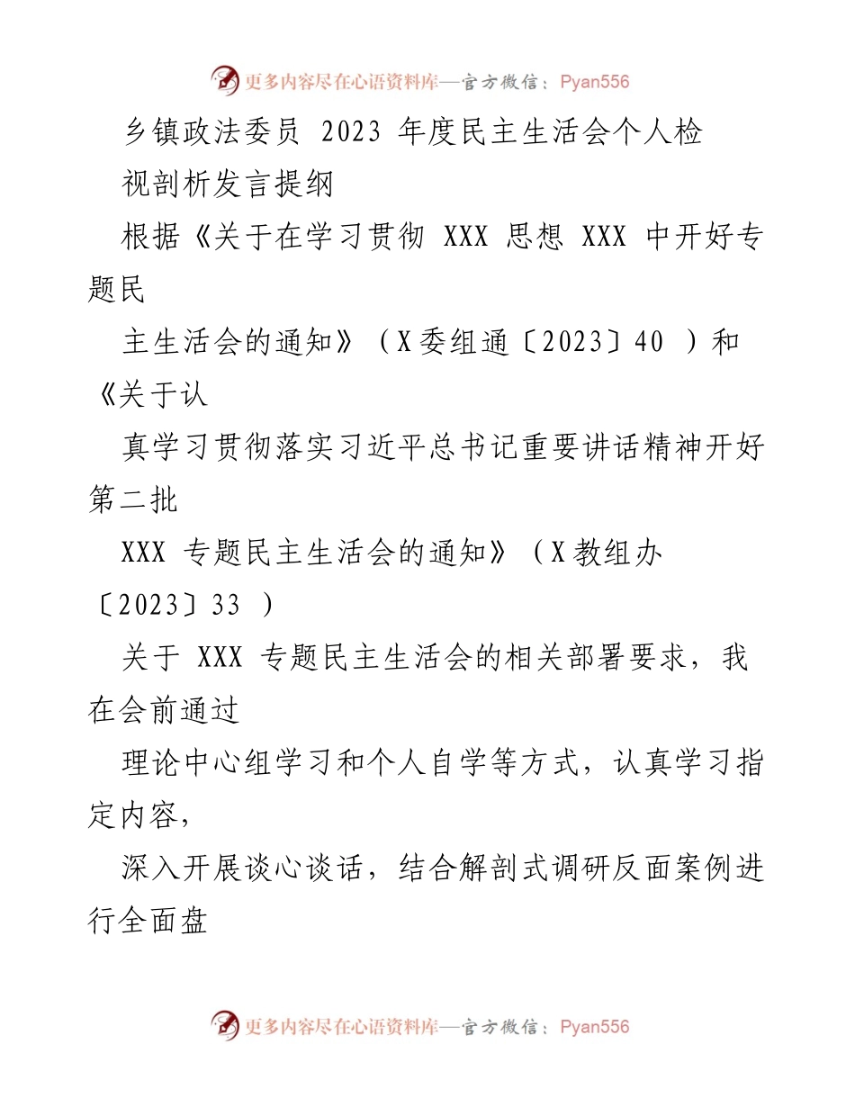 [发言] 乡镇政法委员年度民主生活会 - 2023年度民主生活会个人检视剖析发言提纲_1.docx_第1页