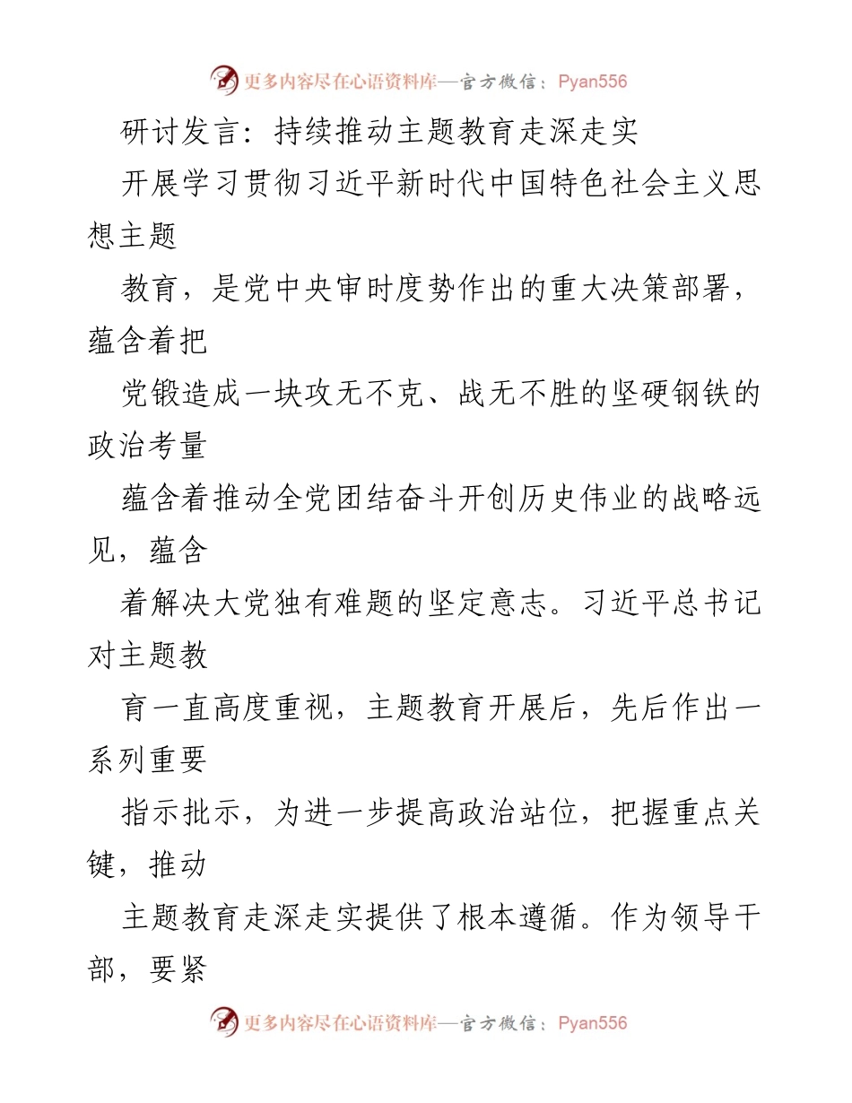 [发言] 主题教育研讨 - 持续推动主题教育走深走实的重要性.docx_第1页