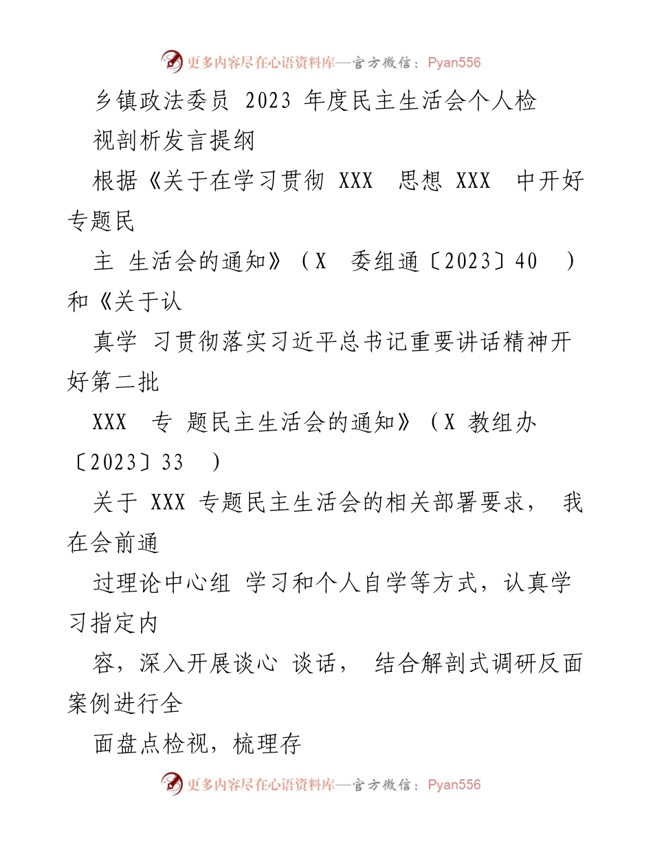 [发言] 乡镇政法委员年度民主生活会 - 2023年度民主生活会个人检视剖析发言提纲.docx_第1页