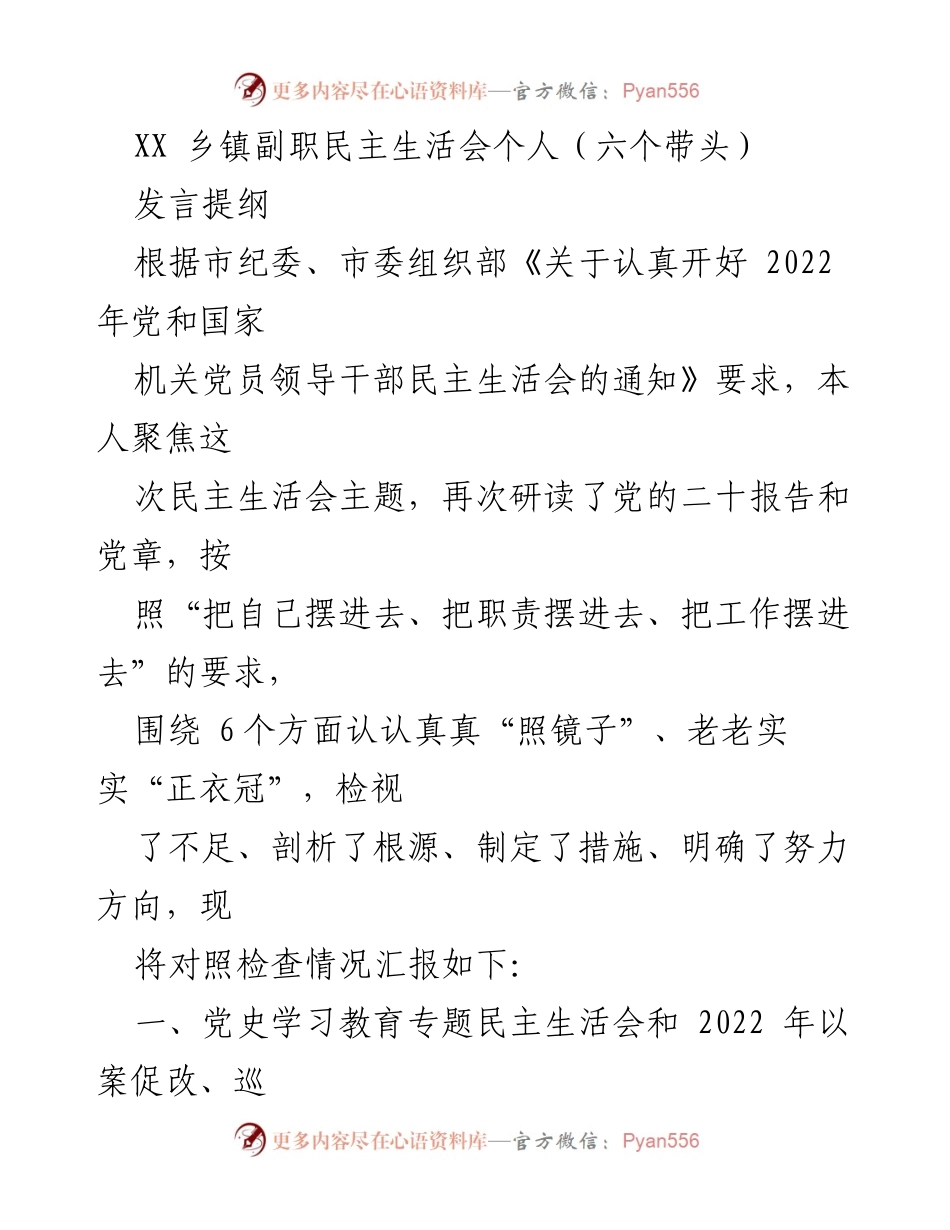 [发言] 乡镇副职民主生活会 - 深入检视与整改：推动理论学习与责任担当.docx_第1页