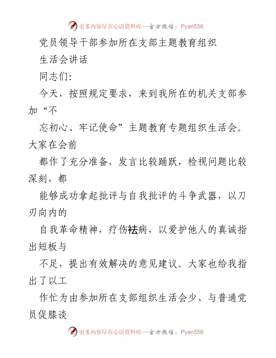 [发言] 主题教育组织生活会 - 深入践行初心使命，推动主题教育高质量发展.docx_第1页
