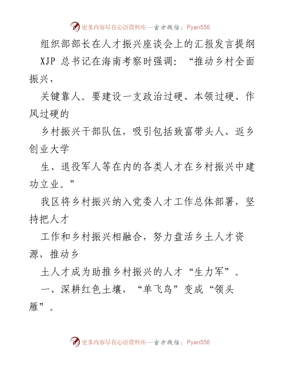 [发言] 人才振兴座谈会 - 乡村振兴中的人才引领与发展策略.docx_第1页