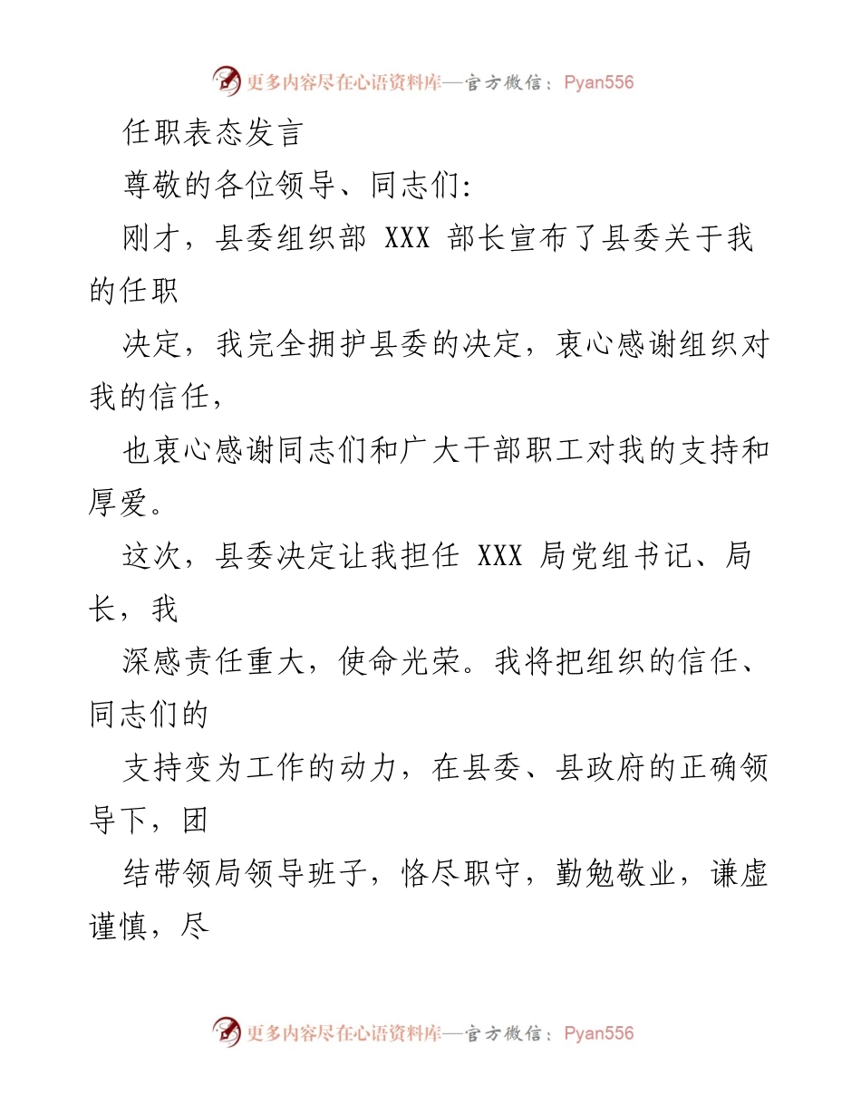 [发言] 任职表态 - 新任局长的表态发言与工作承诺.docx_第1页