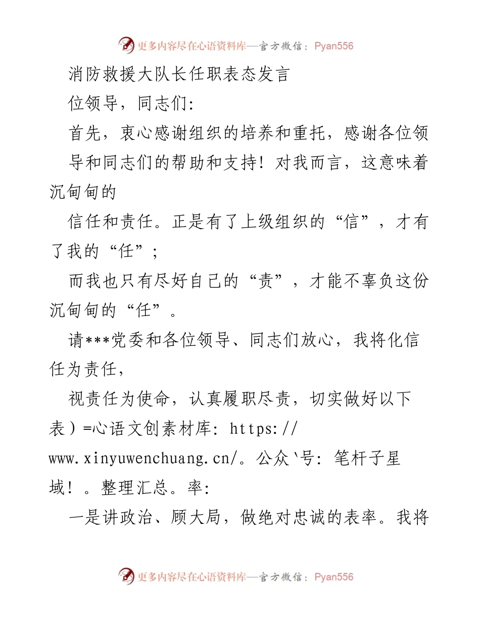 [发言] 任职表态 - 清正廉洁，勇于担当：消防救援大队长任职表态发言.docx_第1页