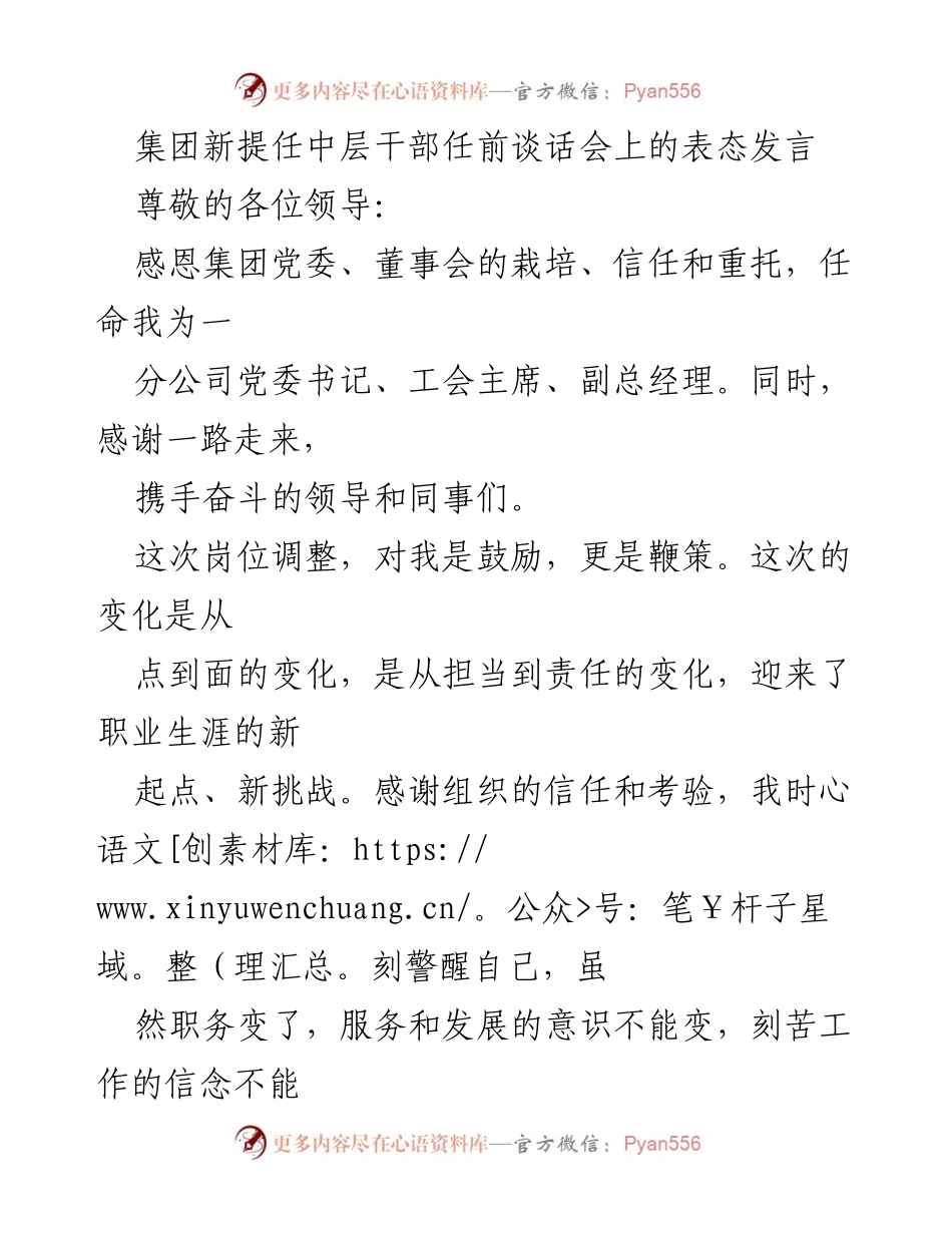 [发言] 任前谈话会 - 新起点新征程：忠诚担当与清正廉洁的承诺.docx_第1页