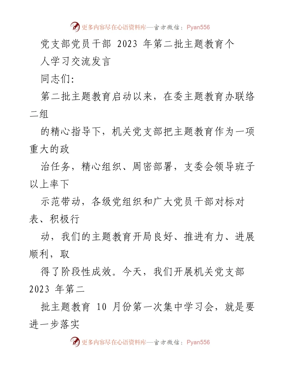 [发言] 主题教育集中学习会 - 深入推进第二批主题教育，落实学习贯彻习近平新时代中国特色社会主义思想.docx_第1页